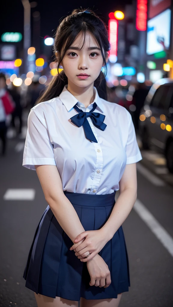 (8k, RAW Photos, masterpiece:1.3), (Realistic, photo-Realistic:1.37), (night), (View your viewers:1.331), (Gray Hair), Pause, Tokyo Street, nightcityscape, Cyberpunk City, Soft Light, One girl, Very beautiful face, bust, Put your hands down, Random hairstyle, Random representation, Big eyes, Lower abdomen, (Short sleeve .JK_shirt), JK_style, (dark blue JK_skirt), (bow JK_tie), Mix 4., Highest quality