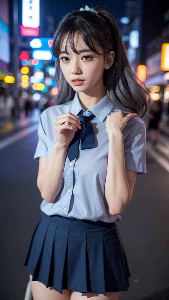 (8k, RAW Photos, masterpiece:1.3), (Realistic, photo-Realistic:1.37), (night), (View your viewers:1.331), (Gray Hair), Pause, Tokyo Street, nightcityscape, Cyberpunk City, Soft Light, One girl, Very beautiful face, bust, Put your hands down, Random hairstyle, Random representation, Big eyes, Lower abdomen, (Short sleeve .JK_shirt), JK_style, (dark blue JK_skirt), (bow JK_tie), Mix 4., Highest quality