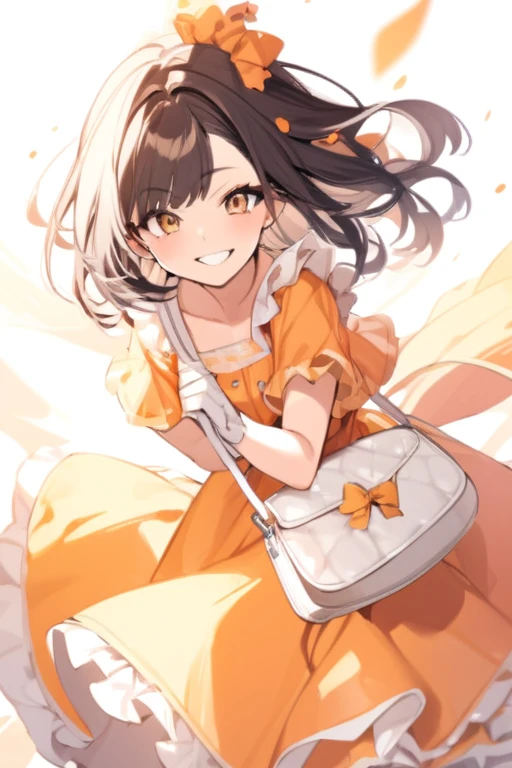 A beautiful girl with brown eyes, short black hair, wearing an orange frilly dress, white purse, wide grin, wearing arm long glove