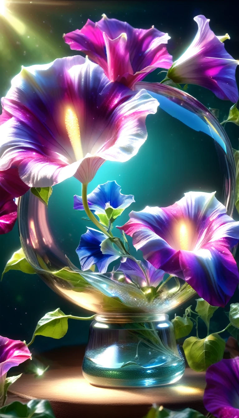 Made by AIS-RCN, 8K Photo, "words, Glass-coated morning glory flower, Glossy flowers, It jumps out of the light, Transform your thoughts into delicate works of art.", Supple, Spotlight