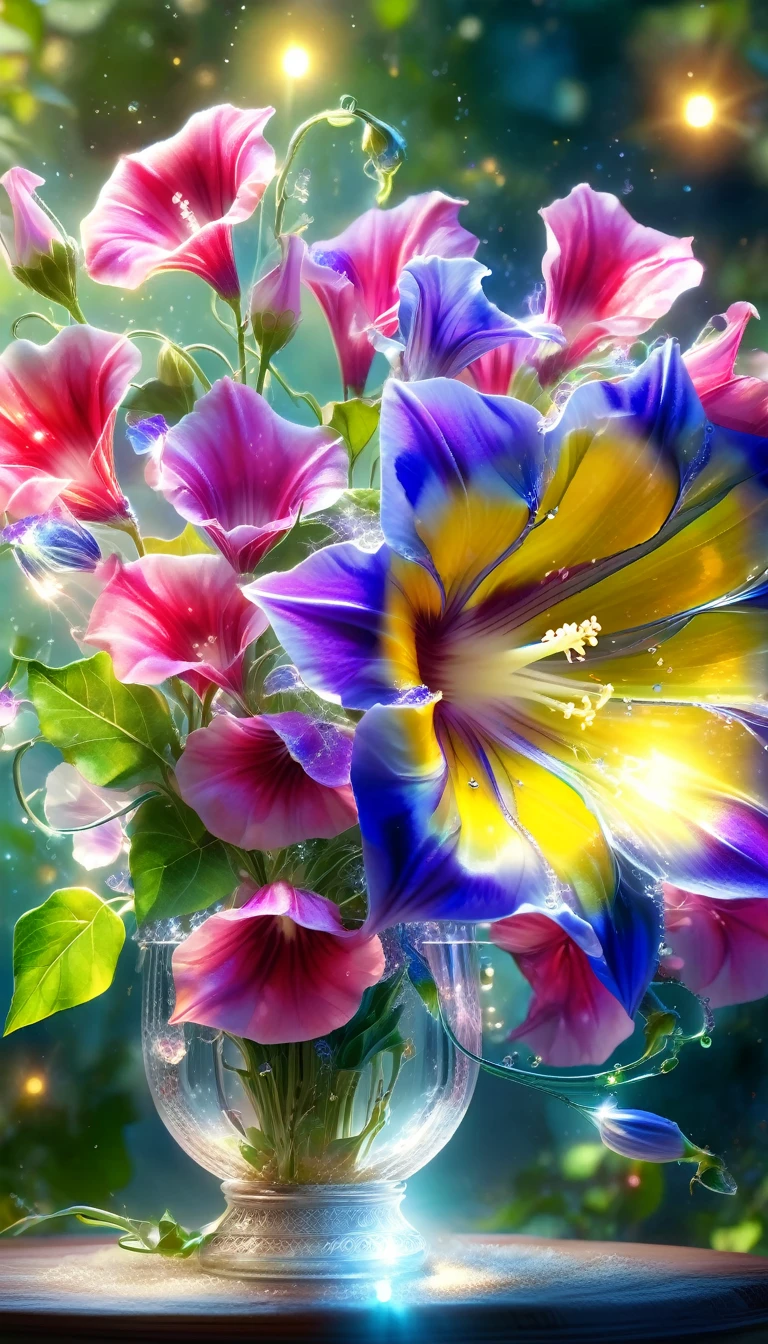 Made by AIS-RCN, 8K Photo, "words, Glass-coated morning glory flower, Glossy flowers, It jumps out of the light, Transform your thoughts into delicate works of art.", Supple, Spotlight