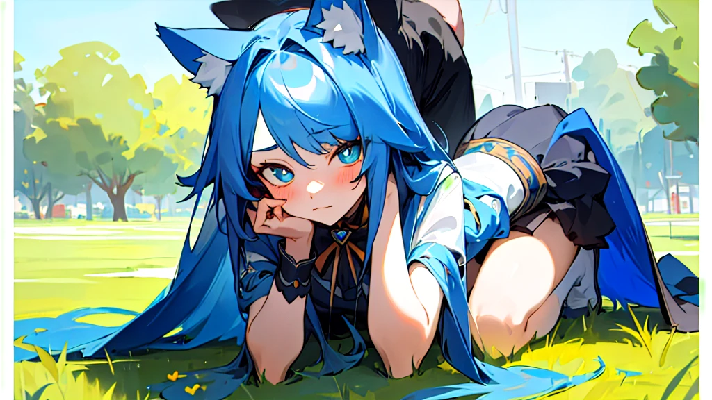 (masterpiece, best quality),1. Girl with long blue hair，Cat ears on the head，Kneeling on the grass，Heart-type pupils，Shy expression