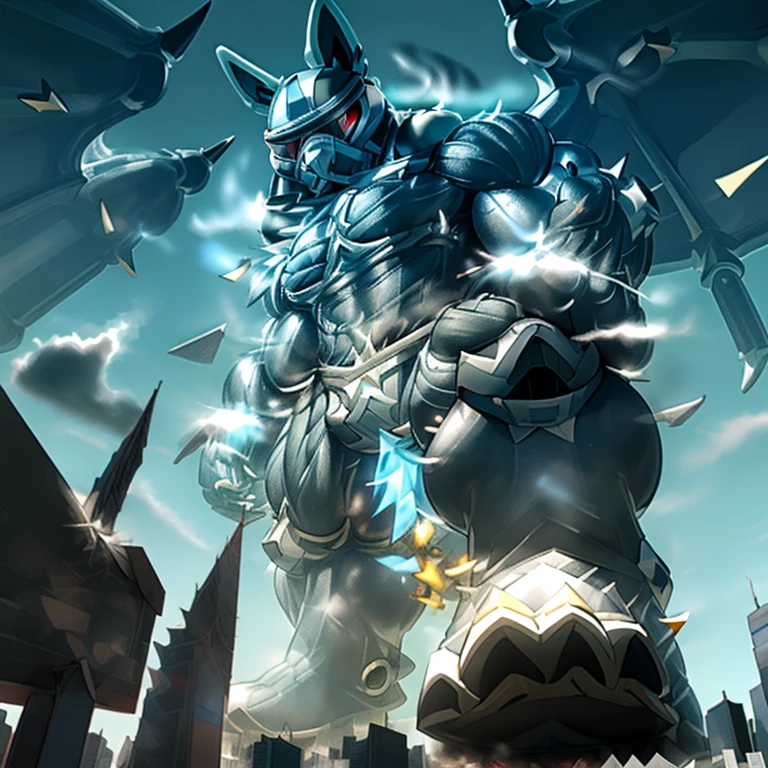 (masterpiece. official art. 8k. best quality. detailed full body. full body.)
(situation 1 : dominating LUCARIO. focus GIANT mechanical Muscular LUCARIO is trampling the CITY. macro. stomp. Low-angle perspective. emphasizing the immense size. The perspective is from below, emphasizing the sheer majesty and power of the Giant. giant art. He is much bigger than a skyscraper. Giga Giants. micro soccer field. looking down.)

(situation 2 :smoke and flames rising from the destruction in the city)

(Additional details 1: wearing a full-face helmet. helmet is jet black. The color of NANOSUIT is jet black. high-tech bio-mecha armor. real texture material. whole body shines like metal. Wearing cyberpunk mecha. emphasizes the muscles. suit fully made of metal. intricate armor. Robotic suit. suit fully made of metal. NANOSUIT with the same design as LUCARIO.).

(Additional details 2: (Detailed head. Detailed Body. Detailed abs. gigantic muscles. HYPER MUSCLES. Gigachad Muscular. big muscle. pecs. triceps. traps. unusually developed muscular body. body full of huge muscles. showing off muscles. pectorales enormes. Exaggeratedly huge muscles. huge muscles. long legs.).

(Additional details 3: nj5furry, Spread wings. It has wings. black have big wings. The claws are sharp. Sharp teeth.5 toes.). 