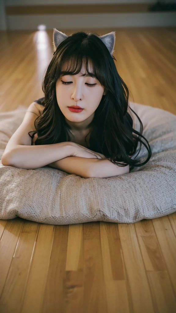 Highest quality,masterpiece,Ultra-high resolution,RAW Photos, Cat ear,cute,In the light,Deep Shadow,low posture,Cold Light,Sexy Looks,Long Hair,((Highest quality: 1.5)) ((masterpiece: 0.8)), Intricate details, Clear focus, Professional, Real Life, Realistic facial expressions, Dynamic pose, ((([Large Breasts:0.8])))),((Sleeping on the floor))