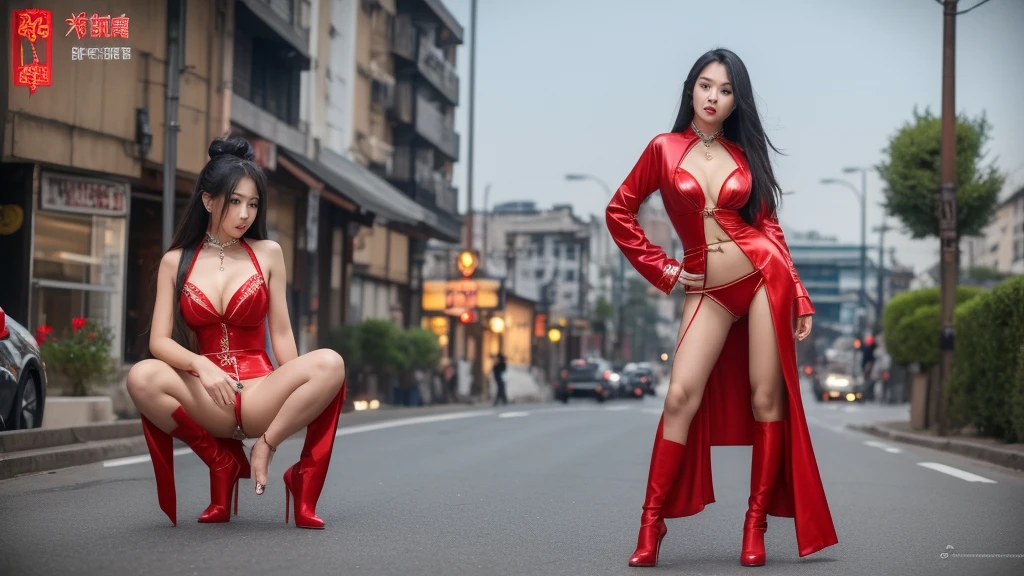 Full-bodyy photo, The most cheap Chinese godness prostitute, streetwhore,A very clear face,An open sexy coat,revealing Chinese whore outfit,black and red sexy fun stockings,to many tatto on the face and breast, Standing by the roadside,soliciting clients on a night slum street, night, eye contact, looking at client,A sexy and teasing expression, masterpiece, best quality, perfect detail, perfect face detail, perfect eye detail, perfect skin detail, have to many man, perfect lighting,Breasts larger than torso。smooth and delicate woman。Sexy hot woman,cheap and sexy prostitute。Hairpin。whores cloth。full-body shot,High heel。Cultivation clothing。exposed。 Chinese cheap and sexy costumes。vintage sexy clothing。Fengguanxiapei。neck with a slave chain。camel toe。full-body shot。