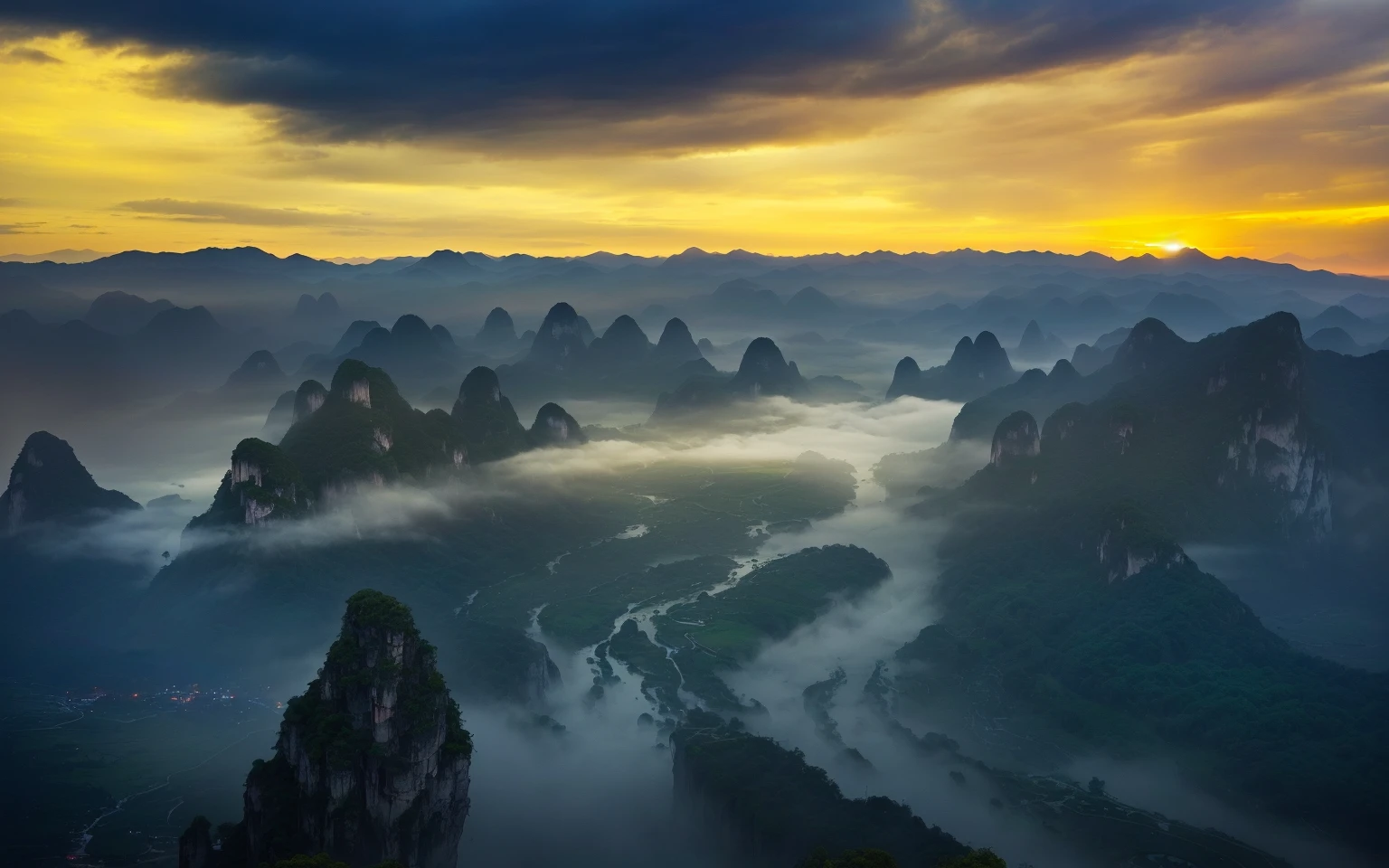 A dreamy landscape of Guilin mountains shrouded in mist, majestic karst formations, winding rivers, captivating scenery, mysterious environment, inspired by National Geographic, morning fog in the valleys, breathtaking natural beauty, dawn, cinematic lighting, dramatic scenery, rain, wide angle view of the river