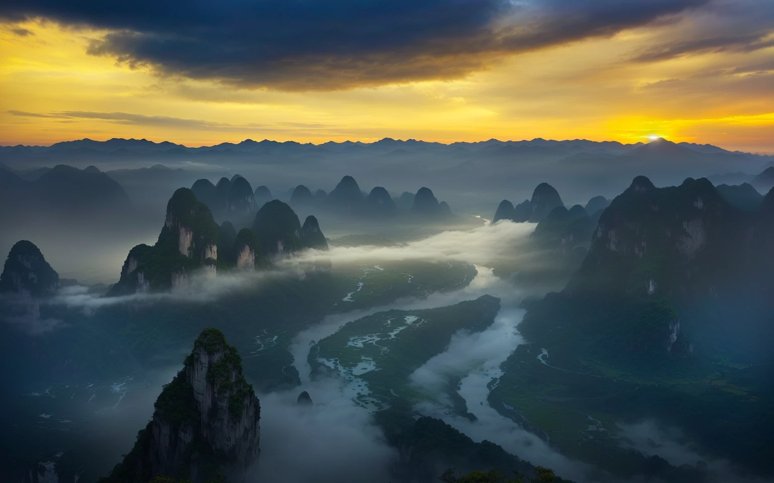 A dreamy landscape of Guilin mountains shrouded in mist, majestic karst formations, winding rivers, captivating scenery, mysterious environment, inspired by National Geographic, morning fog in the valleys, breathtaking natural beauty, dawn, cinematic lighting, dramatic scenery, rain, wide angle view of the river