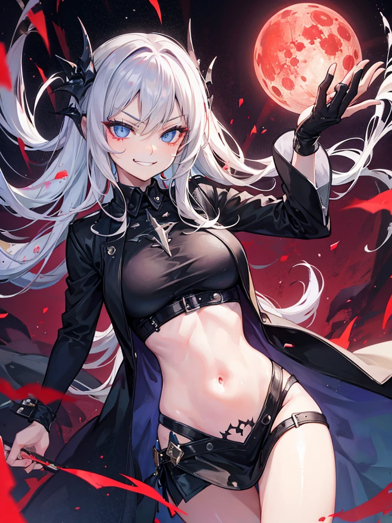 Evil white-haired demon, holding whip, Sexy Outfit, Heterochromia eye, Black, Chains and flames, Fantasy background