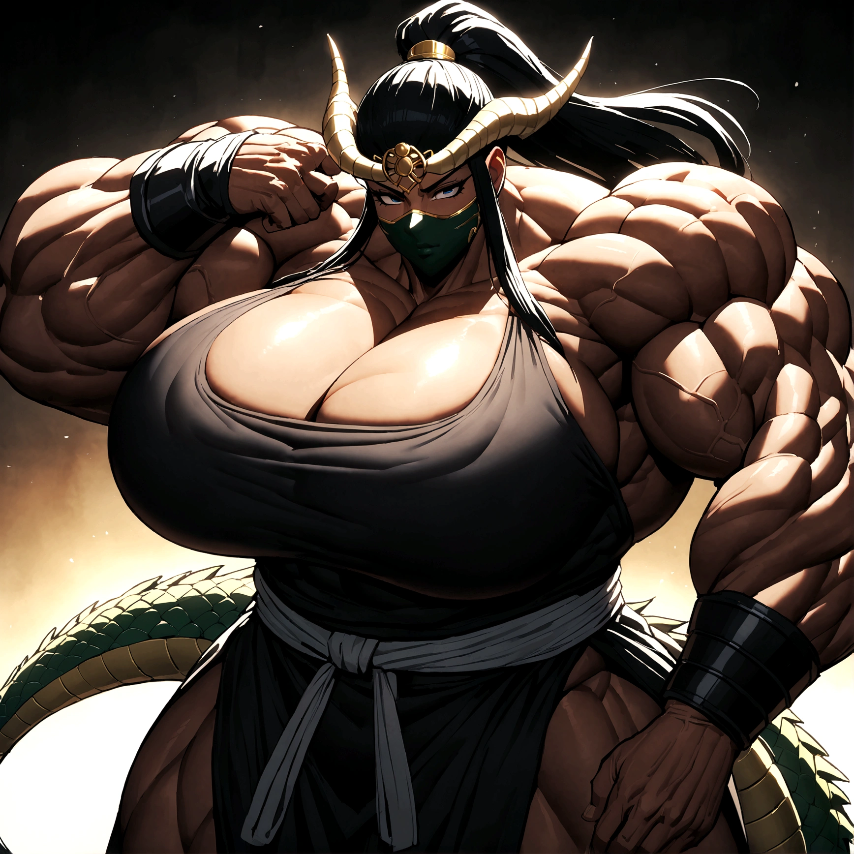 Cleopatra with extreme muscular body, gigantic muscular arms, gigantic muscular tights, samurai outfit, ninja mask, dragon tail, dragon horns, dragon wings, fair skin, black hair with ponytail and gigantic breasts.