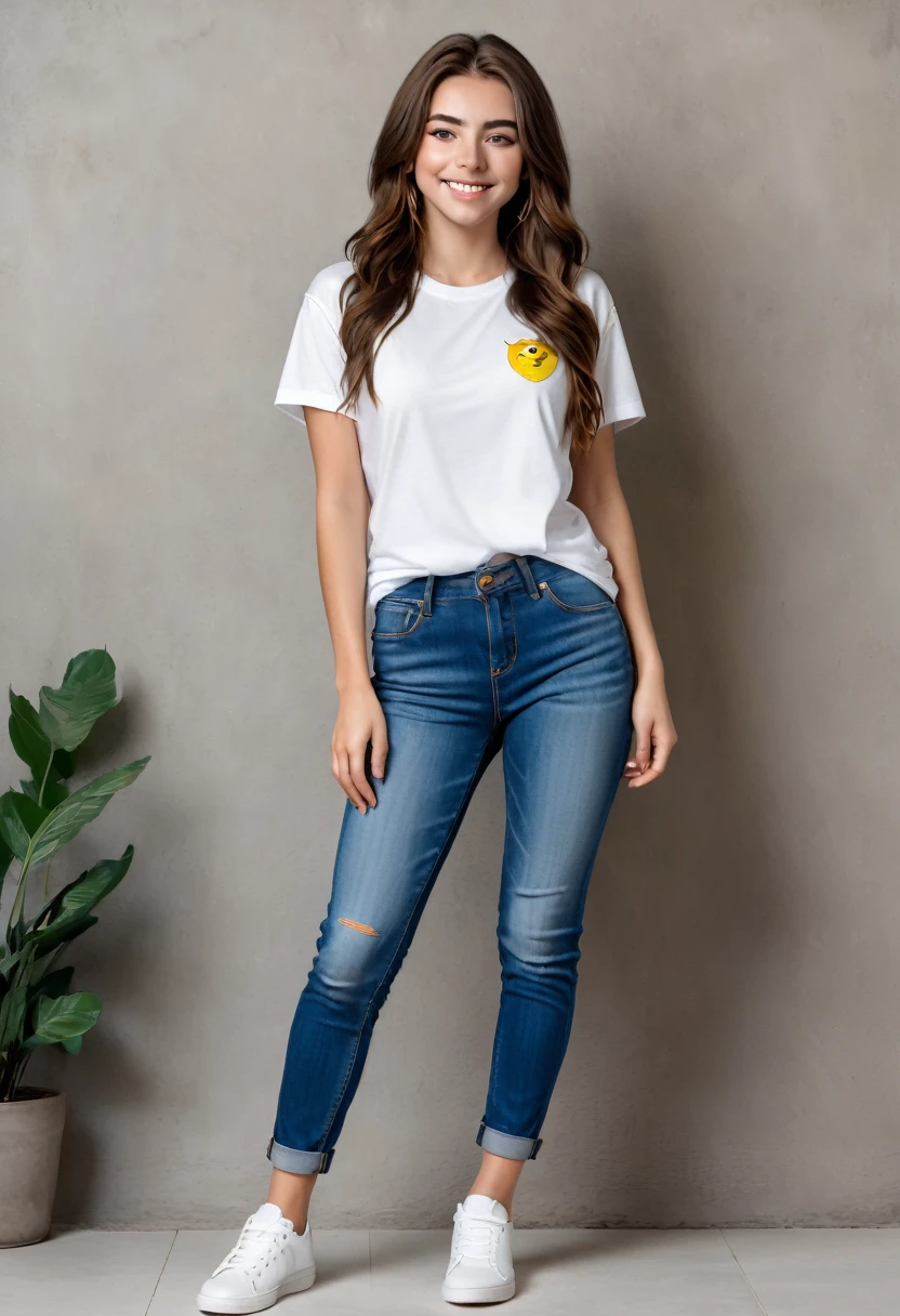 A stunning 24-year-old woman with long brown hair and piercing yellow eyes, is standing facing the camera, looking at the camera, casual, attractive proportioned body, wearing a white t-shirt and jeans, wearing white sneakers, she smiles sweetly. 8k, distant view, full body. variety of poses