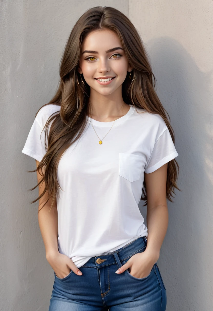 A stunning 24-year-old woman with long brown hair and piercing yellow eyes, is standing facing the camera, looking at the camera, casual, attractive proportioned body, wearing a white t-shirt and jeans, wearing white sneakers, she smiles sweetly. 8k, distant view, full body. variety of poses