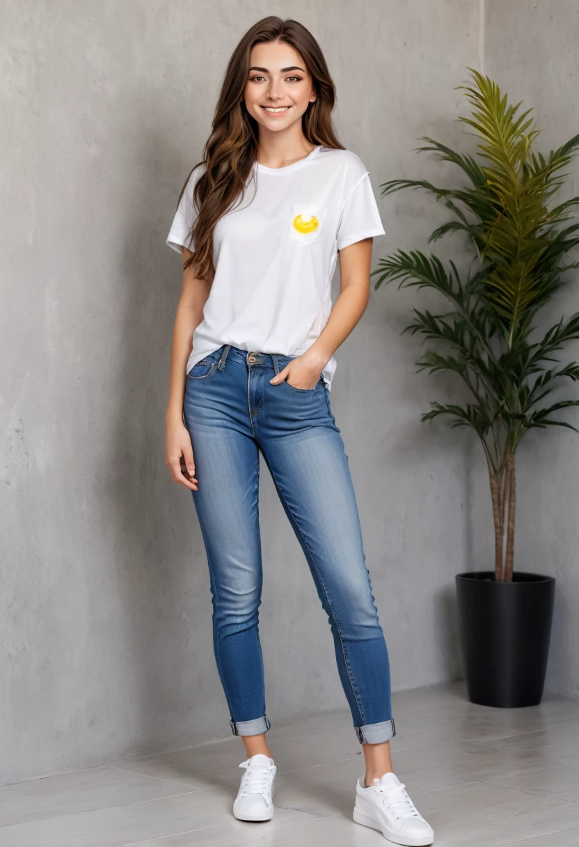 A stunning 24-year-old woman with long brown hair and piercing yellow eyes, is standing facing the camera, looking at the camera, casual, attractive proportioned body, wearing a white t-shirt and jeans, wearing white sneakers, she smiles sweetly. 8k, distant view, full body. variety of poses