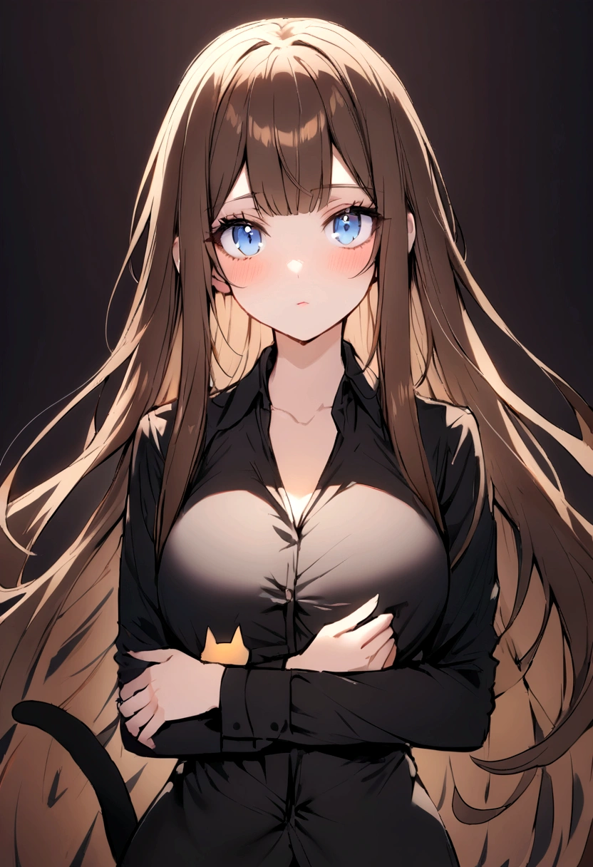 (Highest quality)(1 woman,single,long hair,brown hair,blue eyes ,Black suit shirt,sexy,Turn to look at the viewer,with guardian cat)