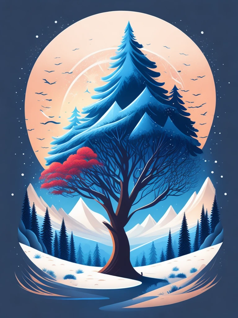 a spruice tree in a winter landscape, tshirt design, rzminjourney, vector-art