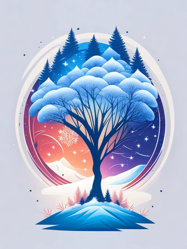 a spruice tree in a winter landscape, tshirt design, rzminjourney, vector-art