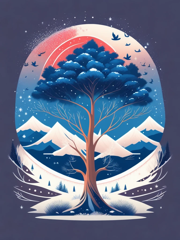 a spruice tree in a winter landscape, tshirt design, rzminjourney, vector-art