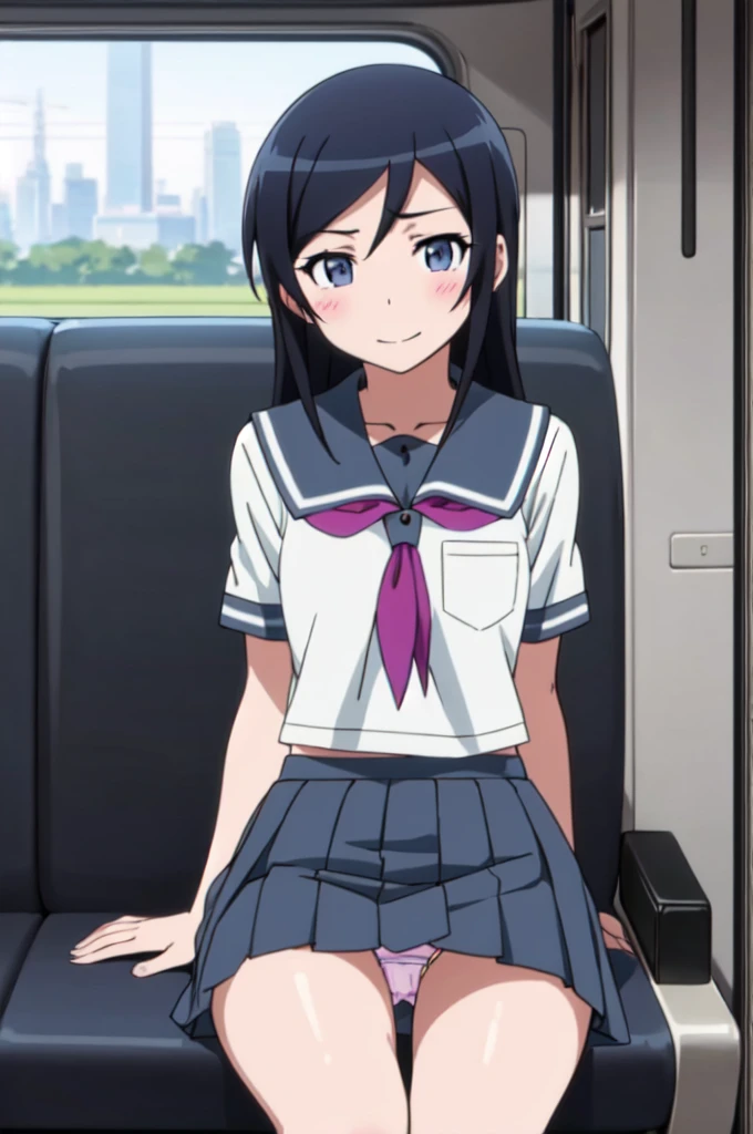 alone, One girl, View Viewer, 2D, anime, anime coloring, Upper Body, sit in a train seat, (Bend your knees, Panty shot), Camel Toe, ayase aragaki, , serafuku, smile,Spread your legs, (((Skirt flip, I can see your panties))),,(((Skirt flip, I can see your panties))), pussy juice, pussy juice,