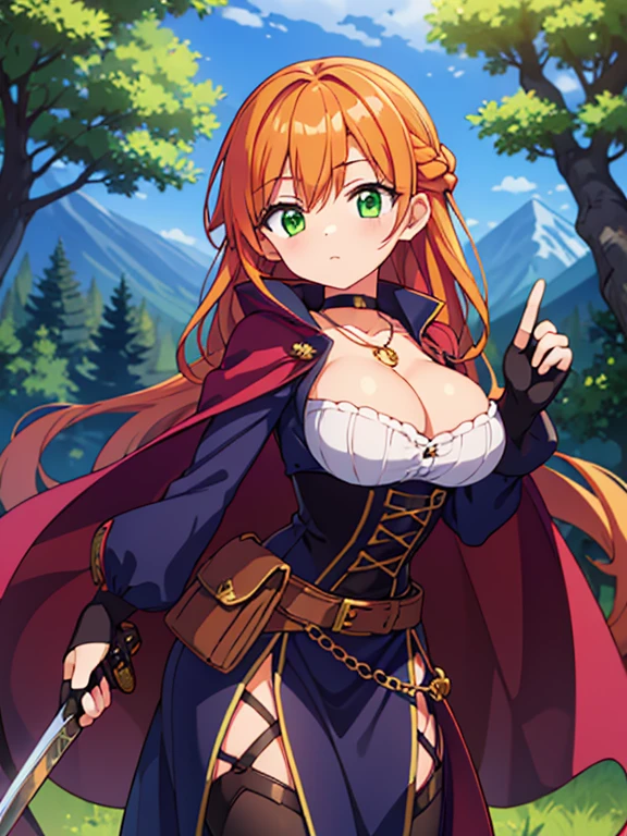 1girl, solo, long hair, breasts, orange hair, gloves, dress, cleavage, large breasts, green eyes, weapon, braid, outdoors, choker, belt, sword, fingerless gloves, necklace, orange hair, tree, cape let, sheath, nature, corset, french braid, brown gloves, pendant, forest, pouch, sheathed, mountains,
