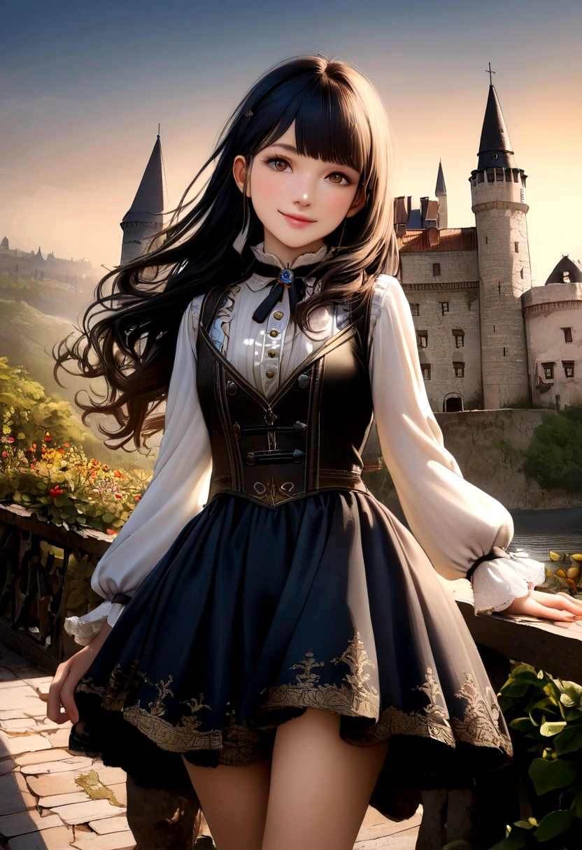 (Realistic, Like the picture:1.37), unbelievably ridiculous, (Very detailed:1.3), 8k, (Tabletop), (Highest quality:1.4), (Ultra-high resolution:1.2), (RAW Photos:1.2), (unity 8k wallpaper), 1 nogizaka girl, very cute, (Beautiful girl:1.35), (-yeld st ((Alice and the Pirates Fashion)), Delicate and beautiful dresses, Blue rose hair accessory, Exquisitely drawn beautiful faces, eyes and skin, Detailed black shiny hair, Medium chest, Smiling for the camera, Cowboy Shot, European Castles, Very detailed背景, Professional Lighting