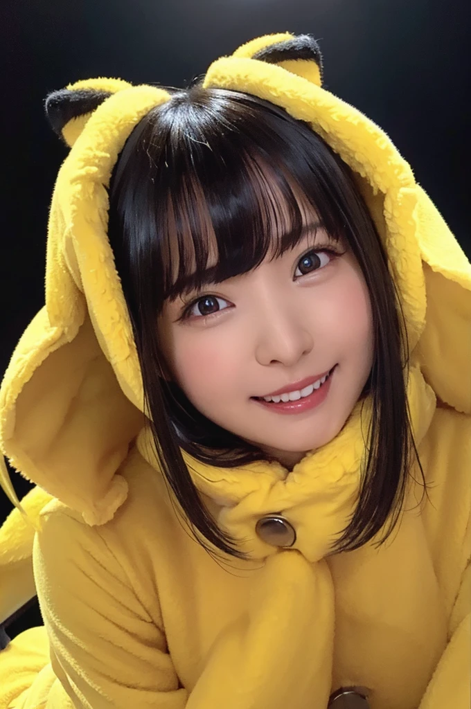 16 years old, cute,Adorable, Face Focus , Pikachu costume,(yellow fur coat)、(Yellow lightning on a dark background:1.5)、 Japanese girl, Low contrast, smile, Highest quality, Ultra-high resolution, Like the picture, Ultra-detailed, 8k, RAW Photos, Masseter muscle area、((Pikachu)), pikachu hair band、Pikachu's tail、((Blonde)),Blushing