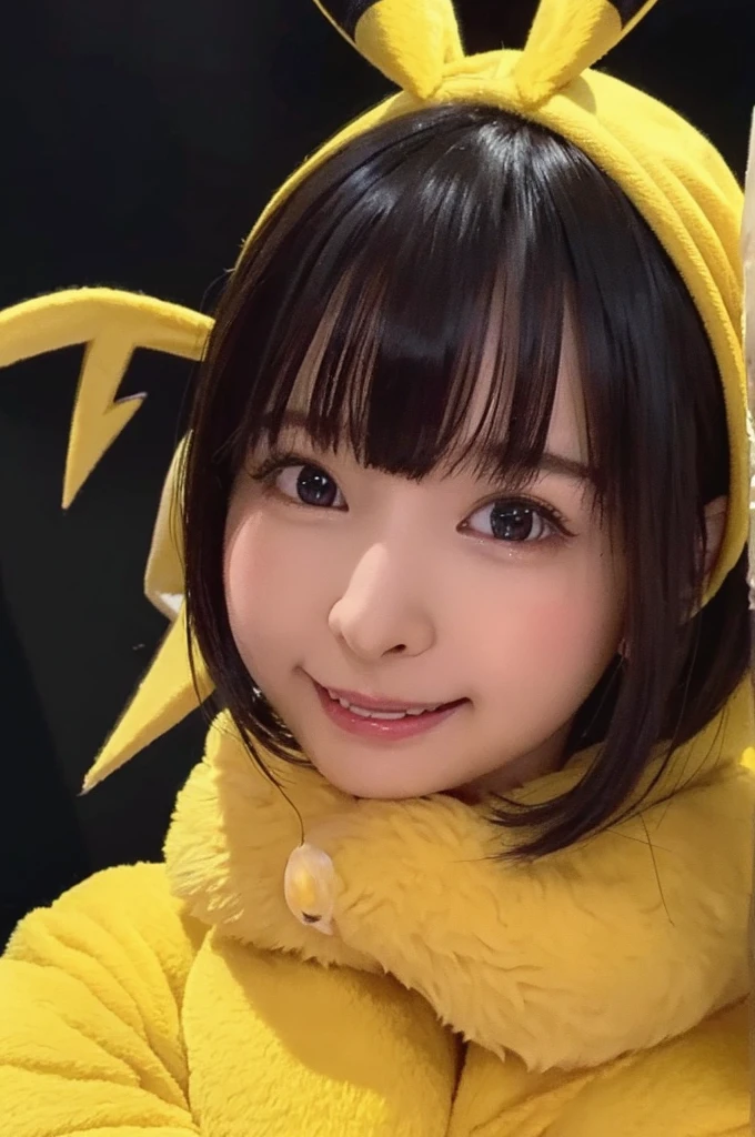 , cute,Adorable, Face Focus , Pikachu costume,(yellow fur coat)、(Yellow lightning on a dark background:1.5)、 Japanese girl, Low contrast, smile, Highest quality, Ultra-high resolution, Like the picture, Ultra-detailed, 8k, RAW Photos, Masseter muscle area、((Pikachu)), pikachu hair band、Pikachu's tail、((Blonde)),Blushing