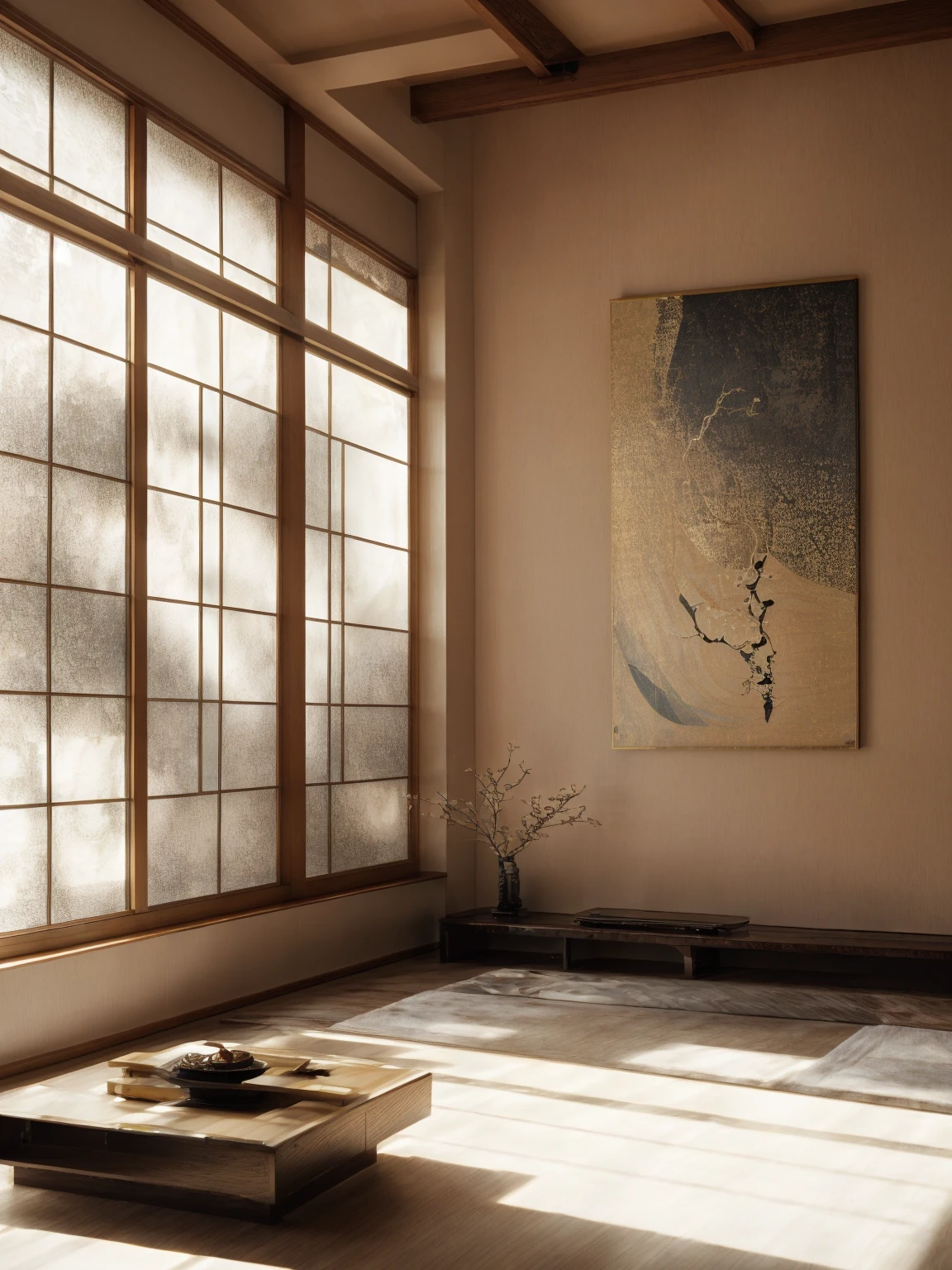 There is a room，There is a table and a window inside，There is a painting on it, Hashiguchi Goyo (Goyō Hashiguchi) of inspiration, Inspired by Mitsunobu Kano, Inspired by the Kanada Heart, japanese inspired, with japanese inspired, modern japanese living room, Inspired by Dongyang Sesshu, Japanese style