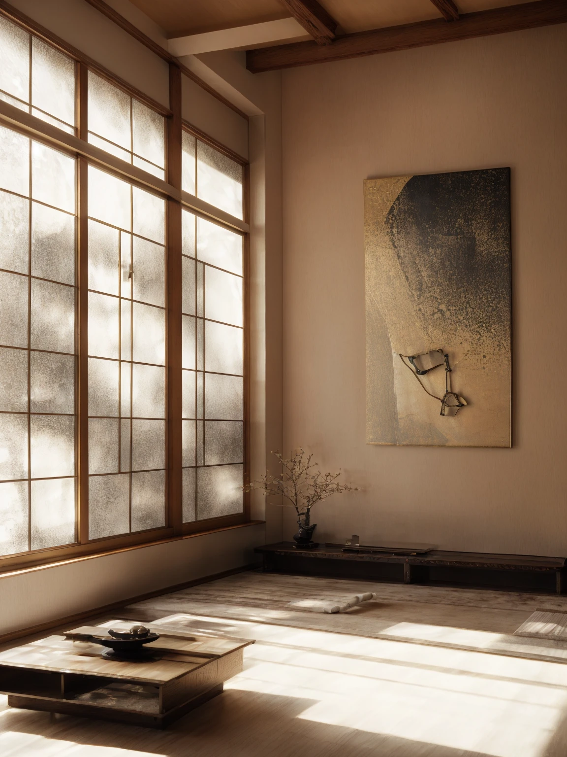 There is a room,There is a table and a window inside,There is a painting on it, Hashiguchi Goyo (Goyō Hashiguchi) of inspiration, Inspired by Mitsunobu Kano, Inspired by the Kanada Heart, japanese inspired, with japanese inspired, modern japanese living room, Inspired by Dongyang Sesshu, Japanese style