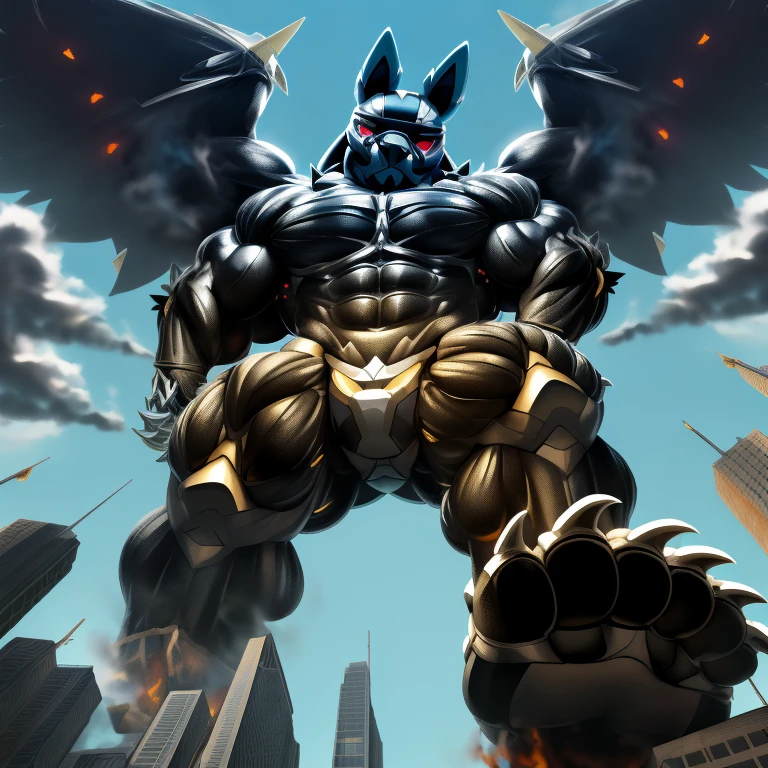 (masterpiece. official art. 8k. best quality. detailed full body. full body.)
(situation 1 : dominating LUCARIO. focus GIANT mechanical Muscular LUCARIO is trampling the CITY. macro. stomp. Low-angle perspective. emphasizing the immense size. The perspective is from below, emphasizing the sheer majesty and power of the Giant. giant art. He is much bigger than a skyscraper. Giga Giants. micro soccer field. looking down.)

(situation 2 :smoke and flames rising from the destruction in the city)

(Additional details 1: wearing a full-face helmet. helmet is jet black. The color of NANOSUIT is jet black. high-tech bio-mecha armor. real texture material. whole body shines like metal. Wearing cyberpunk mecha. emphasizes the muscles. suit fully made of metal. intricate armor. Robotic suit. suit fully made of metal. NANOSUIT with the same design as LUCARIO.).

(Additional details 2: (Detailed head. Detailed Body. Detailed abs. gigantic muscles. HYPER MUSCLES. Gigachad Muscular. big muscle. pecs. triceps. traps. unusually developed muscular body. body full of huge muscles. showing off muscles. pectorales enormes. Exaggeratedly huge muscles. huge muscles. long legs.).

(Additional details 3: nj5furry, Spread wings. It has wings. black have big wings. The claws are sharp. Sharp teeth.5 toes.). 