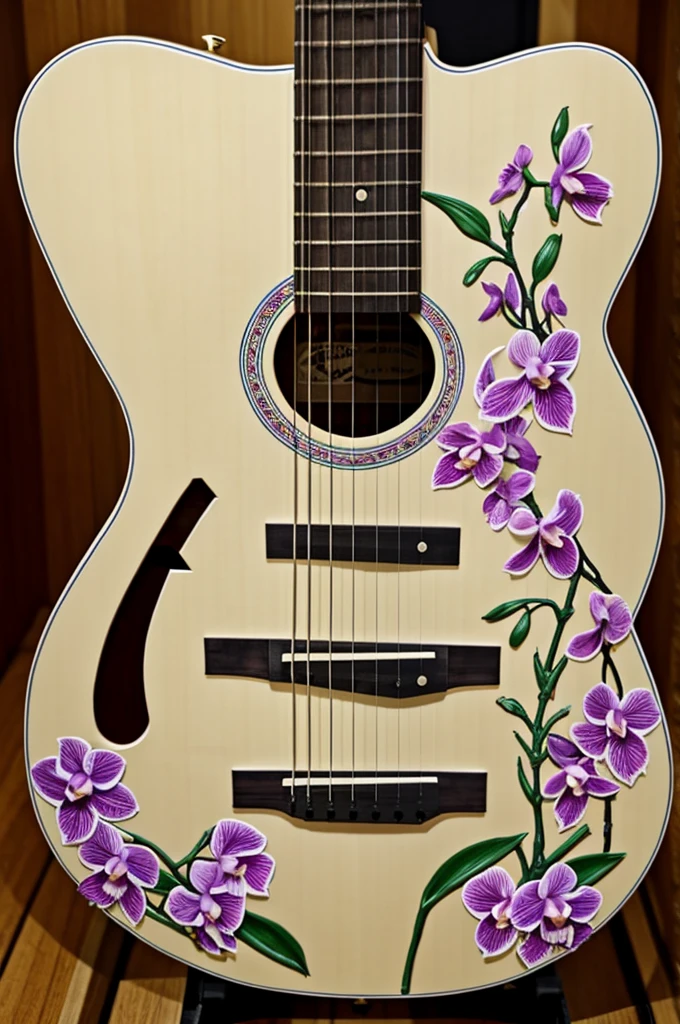 Un clavijero de guitarra en forma de cslavera, decorated with orchids
