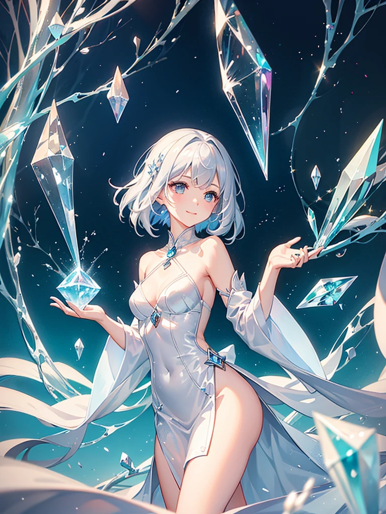 A quiet and cool place,Full of dreamy atmosphere,Everything is made of crystal,只有一個girl是活的,She looked at the environment,A natural smile appeared on his face,
((Crystallization)),girl,solo,silver hair,Eye color,Fashionable clothing