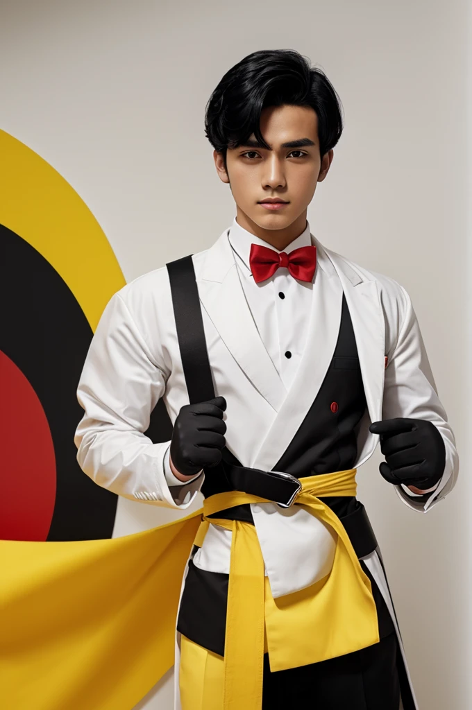 Black haired boy with white gloves, black suit, yellow shirt with a red 1, black belt with silver circle and red bow