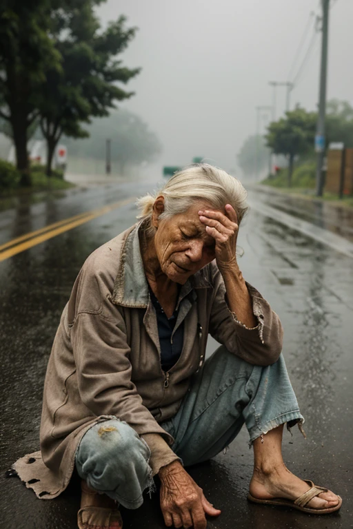 A homeless old woman with a crying face. Thin and hungry and wrinkled. Wearing worn, torn clothes. He fell asleep helplessly on the side of the road. In the midst of heavy rain. This image shows the whole body.