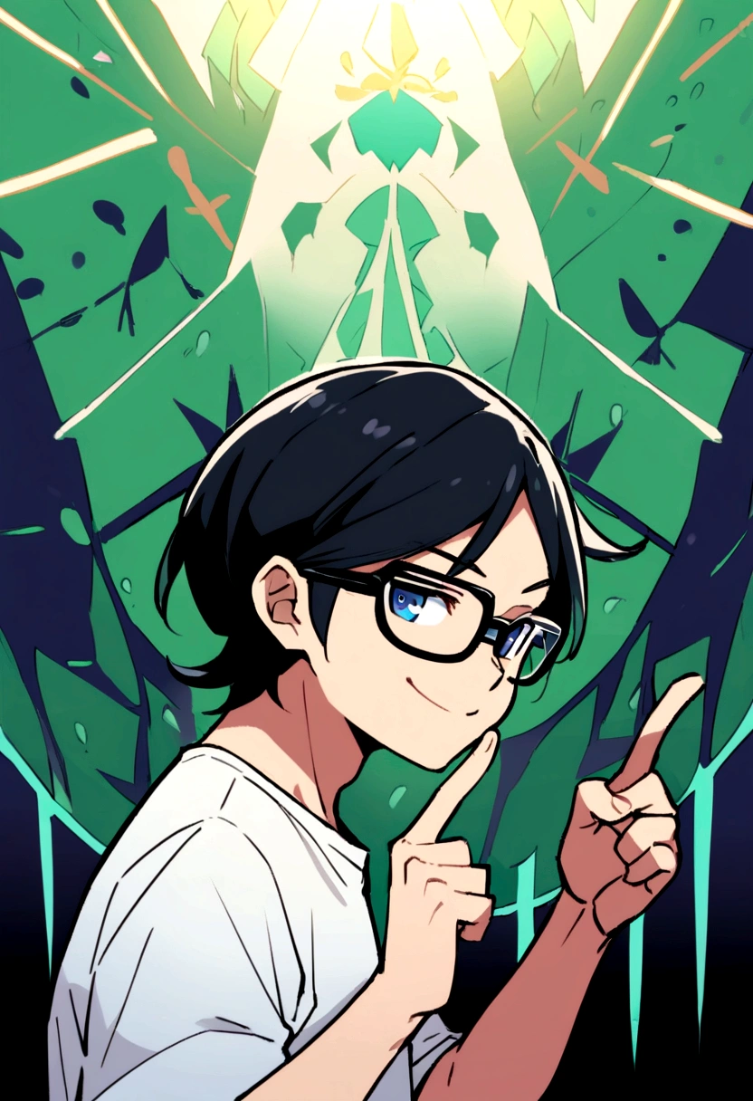 hosoda mamoru,A man in his 30s with black hair and glasses。White T-shirt。Holding a laptop under one arm。 The index finger of the hand not holding the laptop is pointing upwards。
Face facing the camera、smile。
The composition is a deformed bust shot of about 5 lifespan.、Viewed from the side holding the PC。
