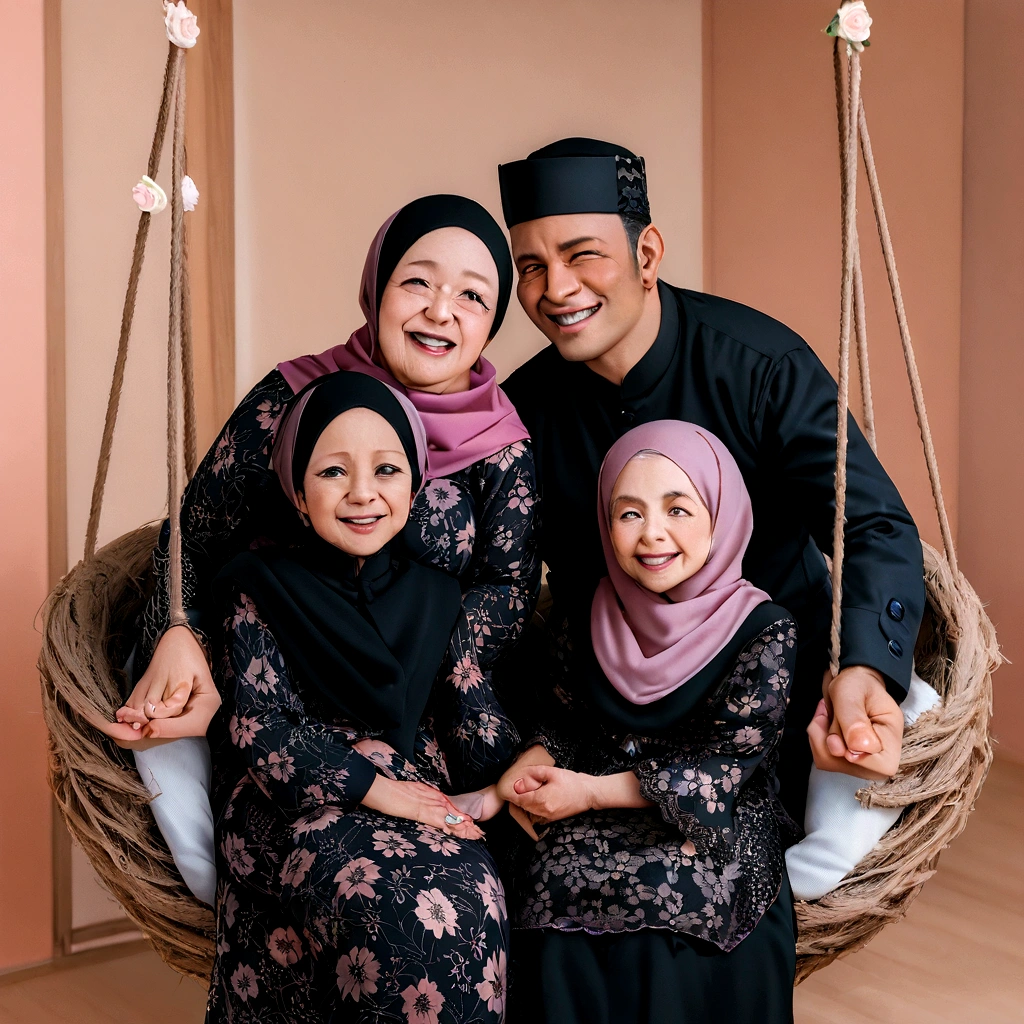 studio photo medium shot of an romantic family posing sitting in nest swinger with a simple illustration, minimalist peach null background, full body shot. (((number must be 4 people))), slightly chubby malay woman 35 yo wear black floral baju kurung with pink hijab and romantic man 38 yo wear black baju kurung with skullcap, a girl 10 yo, and 5 yo wear beautiful black baju kurung with pink hijab