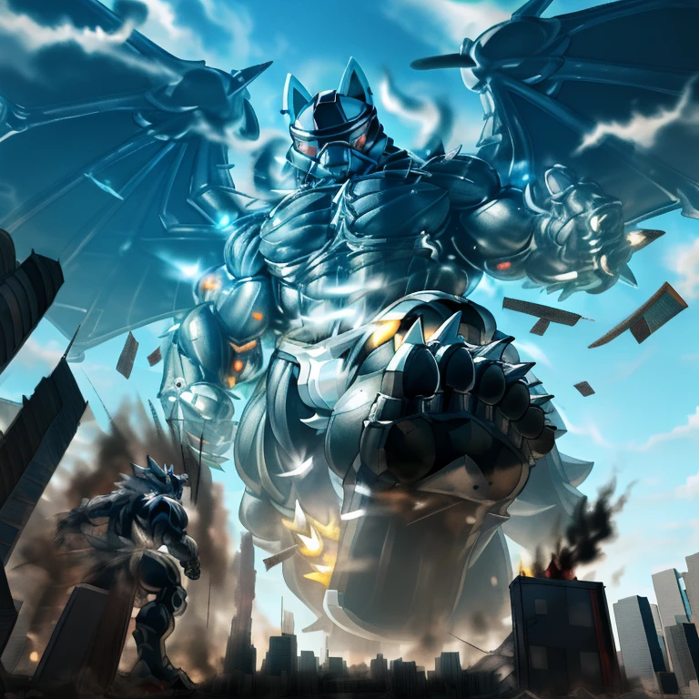 (masterpiece. official art. 8k. best quality. detailed full body. full body.)
(situation 1 : dominating LUCARIO. focus GIANT mechanical Muscular LUCARIO is trampling the CITY. macro. stomp. Low-angle perspective. emphasizing the immense size. The perspective is from below, emphasizing the sheer majesty and power of the Giant. giant art. He is much bigger than a skyscraper. Giga Giants. micro soccer field. looking down.)
(situation 2 :smoke and flames rising from the destruction in the city)
(Additional details 1: wearing a full-face helmet. helmet is jet black. The color of NANOSUIT is jet black. high-tech bio-mecha armor. real texture material. whole body shines like metal. Wearing cyberpunk mecha. emphasizes the muscles. suit fully made of metal. intricate armor. Robotic suit. suit fully made of metal. NANOSUIT with the same design as LUCARIO.).
(Additional details 2: (Detailed head. Detailed Body. Detailed abs. gigantic muscles. HYPER MUSCLES. Gigachad Muscular. big muscle. pecs. triceps. traps. unusually developed muscular body. body full of huge muscles. showing off muscles. pectorales enormes. Exaggeratedly huge muscles. huge muscles. long legs.).
(Additional details 3: nj5furry, Spread wings. It has wings. black have big wings. The claws are sharp. Sharp teeth.5 toes.).