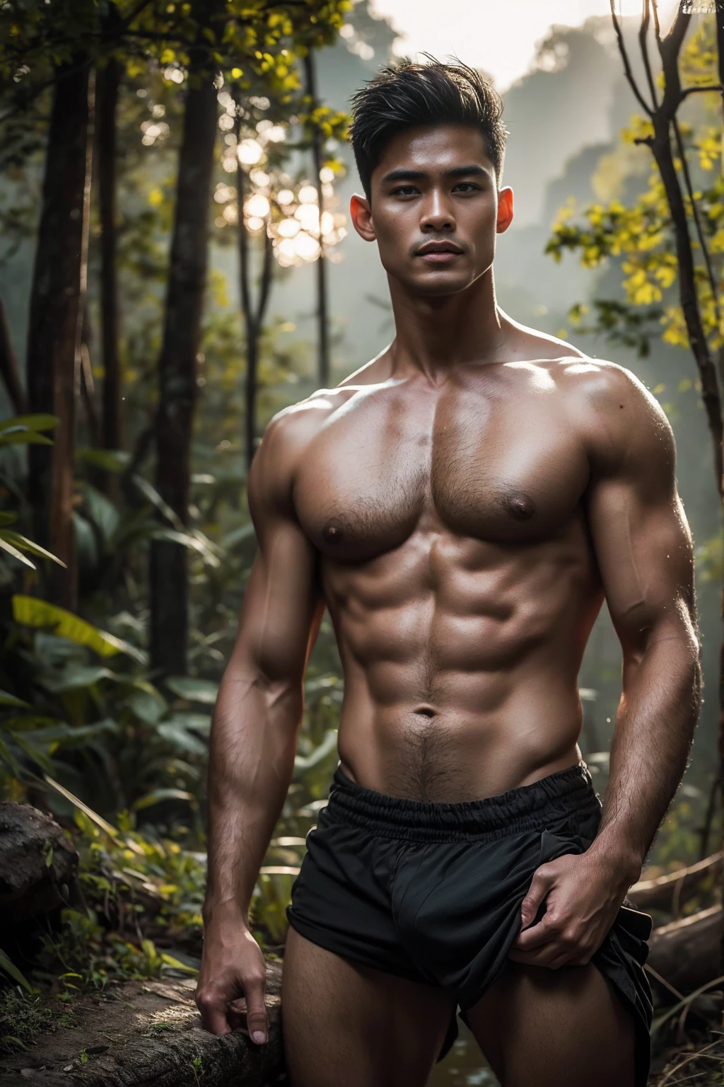 Ancient Thai men,40 year old,waterfall in the middle of the forest background,skinny boy body, muscle body,sport body, big muscle, Handsome face,Six Pack,muscle,Crew Cut Men's hairstyle, He was wearing Calvin Klein underwear and curved legs., perfect , male , correct male scrotum, pecrotum, male strushort detailed hair, Sexy guy, looking at view standing,highest detail, superior quality, natural lighting, beautiful, sexy, correct anatomy, good position, man focus,amazing composition, front view, HDR, volumetric lighting, ultra quality, elegant,vpl,the middle of the picture,post a erotic photoshoot,Realistic posfilm XT3 photorealistic art by midjourney,(Best quality, 8k, Masterpiece).,highest detail, superior quality, natural lighting,realistic shapes, realistic skin tones,Natural eyes,realistic eyes,Open your eyes,Thai skin color color,Have chest hair, Have belly hair, Have pubic hair
