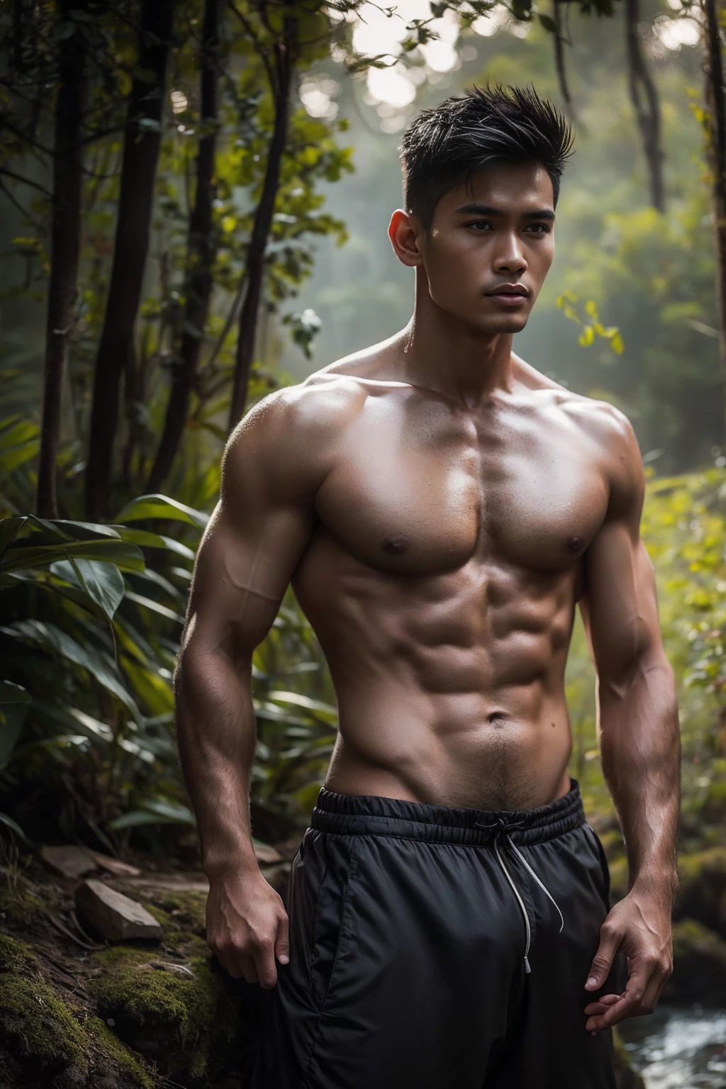 Ancient Thai men,40 year old,waterfall in the middle of the forest background,skinny boy body, muscle body,sport body, big muscle, Handsome face,Six Pack,muscle,Crew Cut Men's hairstyle, He was wearing tight White Calvin Klein underwear and curved legs., perfect , male , correct male scrotum, perfect scrotum, male structure, short detailed hair, Sexy guy, looking at viewer, standing,highest detail, superior quality, natural lighting, beautiful, sexy, correct anatomy, good composition, man focus,amazing composition, front view, HDR, volumetric lighting, ultra quality, elegant,vpl,the middle of the picture,post a erotic photoshoot,Realistic pose,Fujifilm XT3 photorealistic art by midjourney,(Best quality, 8k, Masterpiece).,highest detail, superior quality, natural lighting,realistic shapes, realistic skin tones,Natural eyes,realistic eyes,Open your eyes,Thai skin color color,Have chest hair, Have belly hair, Have pubic hair