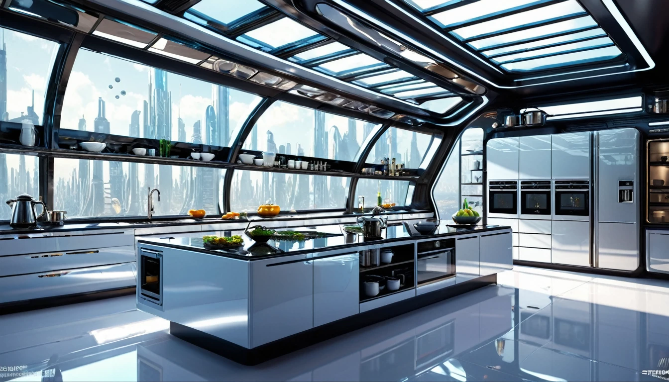a futuristic kitchen with a lot of windows, a digital rendering by Stephan Martiniere, cgsociety, retrofuturism, futuristic, vray tracing, vray RPG  colors 