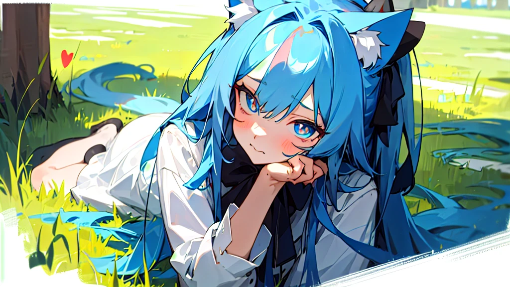 (masterpiece, best quality),1. Girl with long blue hair,Cat ears on the head,Sitting on the grass,Heart-type pupils,Shy expression