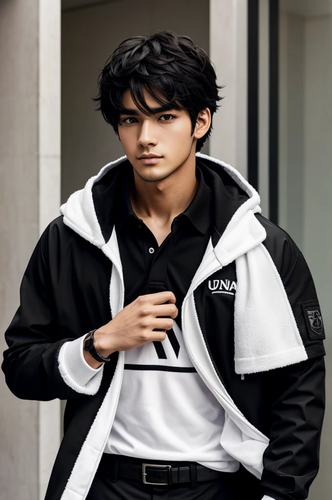 Una persona de anime hombre con abrigo negro con capucha polo blanco y una coronita