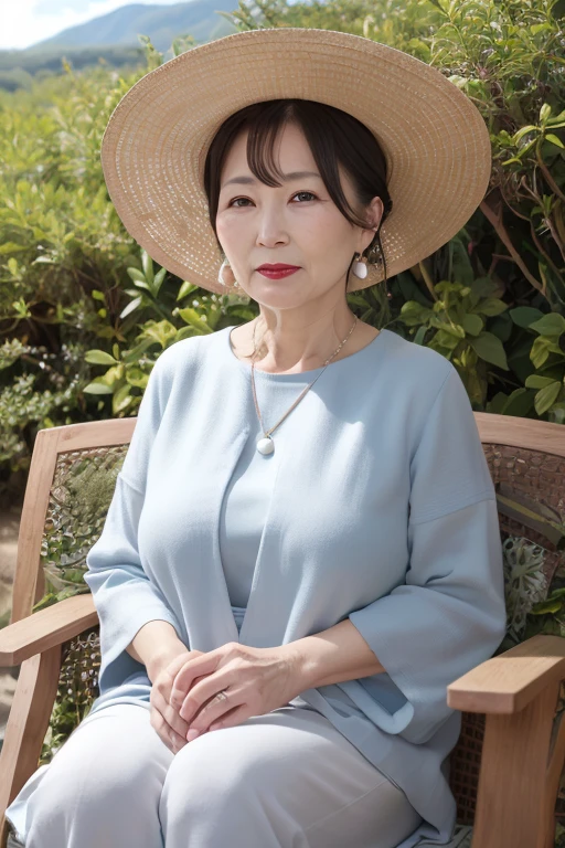 Beautiful mature Japanese woman aged 55, Married women, Fine wrinkles, Long eyelashes, Low Ponytail, Red lipstick, Large Breasts,  Pearl Necklace, Earrings, Red lipstick, Straw hat,  Under the blazing sun, Sweaty, forest, Mountain