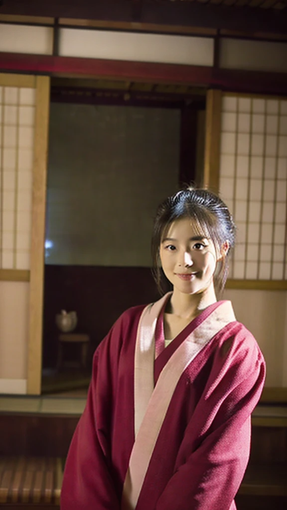 Young beautiful woman、The neck is abnormally long、Red kimono、The background is a moonlit night、Inside a traditional Japanese house、You can see the sliding doors and the tatami room.、The expression is mysterious
