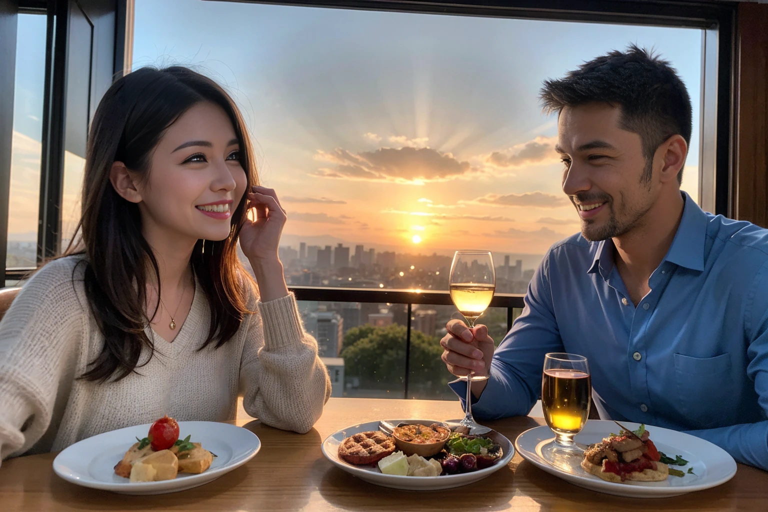 ((Highest quality、8k、masterpiece:1.3))、 (Genuineistic, Genuine、Bright image、Intricate details:1.2), 最高のsmile、1 male,1 female、Beautiful couple、spouse、fiancee、Good friends、actress couple、smile、Full-course dinner at a packed table、 (Slim face), (the body is slim), (Brown Hair), (short hair), テーブルのwine glass、Please shine a light on my face、 Amazing view of the sunset sky and clouds、 (42 years old)38 years old, red wine 、Appetizers、Wine bottle、sparkling wine、Long sleeve shirt、dress、White wine, red wine, wine glass, 