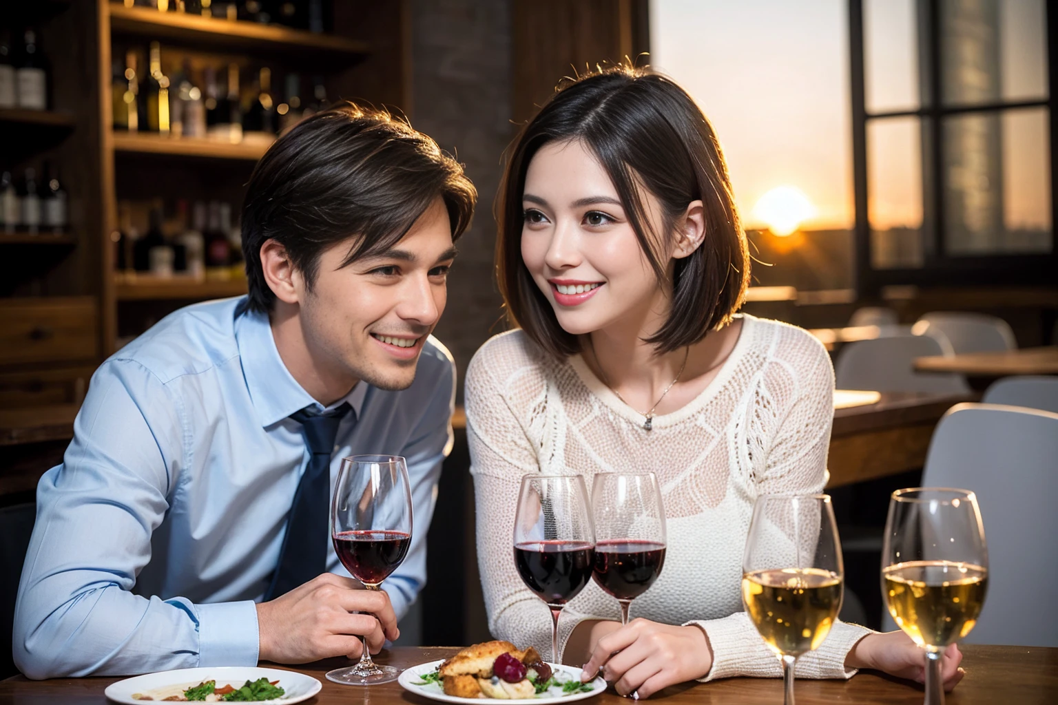 ((Highest quality、8k、masterpiece:1.3))、 (Genuineistic, Genuine、Bright image、Intricate details:1.2), 最高のsmile、1 male,1 female、Beautiful couple、spouse、fiancee、Good friends、actress couple、smile、Full-course dinner at a packed table、 (Slim face), (the body is slim), (Brown Hair), (short hair), テーブルのwine glass、Please shine a light on my face、 Amazing view of the sunset sky and clouds、 (42 years old)38 years old, red wine 、Appetizers、Wine bottle、sparkling wine、Long sleeve shirt、dress、White wine, red wine, wine glass, 