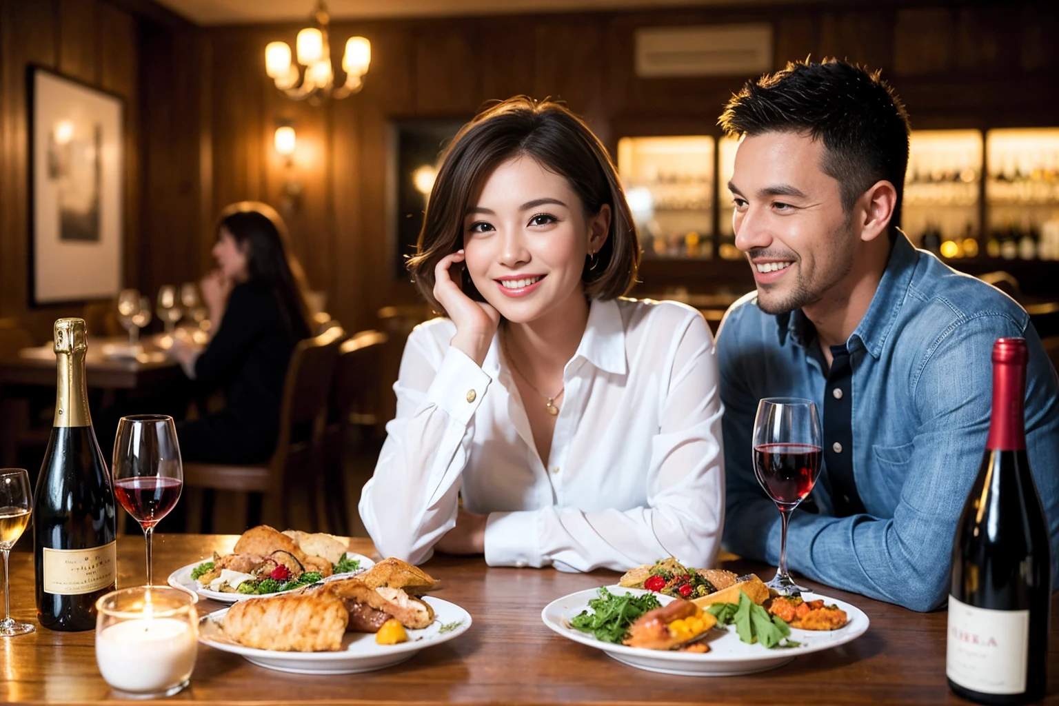 ((Highest quality、8k、masterpiece:1.3))、 (Genuineistic, Genuine、Bright image、Intricate details:1.2), 最高のsmile、1 male,1 female、Beautiful couple、spouse、fiancee、Good friends、actress couple、smile、Full-course dinner at a packed table、 (Slim face), (the body is slim), (Brown Hair), (short hair), テーブルのwine glass、Please shine a light on my face、 Amazing view of the sunset sky and clouds、 (42 years old)38 years old, red wine 、Appetizers、Wine bottle、sparkling wine、Long sleeve shirt、dress、White wine, red wine, wine glass,