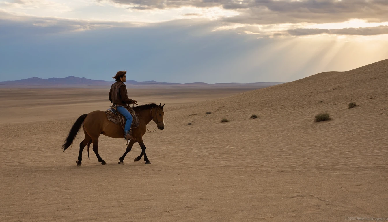 Show a solitary rider on horseback, walking on a desert hill at sunset.
- The rider should be dressed in simple, traditional clothes, and mounted on a sturdy horse.
- The hill should have a sandy and rugged texture, typical of a desert.
- The sky should be partly cloudy, with scattered clouds reflecting the colors of the sunset.
- The sunset light should be soft, creating a golden effect that dramatically illuminates the scene.
- Include a warm color palette with shades of orange, yellow, and brown, mixed with the soft blue of the sky.
- The composition should emphasize the vastness of the desert, with the rider appearing small in comparison to the landscape.
- Capture an atmosphere of tranquility and solitude, with a sense of gentle movement, as if the horse is walking slowly.
- The image should have a cinematic style, with attention to detail in lighting and shadows to create a realistic effect.
- Do not include green or lush vegetation.
- Avoid adding any modern human structures like buildings or roads.
- Do not use cool colors like blue predominantly in the image.
- Do not include more characters or figures, keep the focus on the solitary rider.
- Avoid a fully cloudy or rainy sky.
- Do not add additional creatures or animals in the scene.
- Do not use a cartoonish or simplified style, maintain realism and detail.