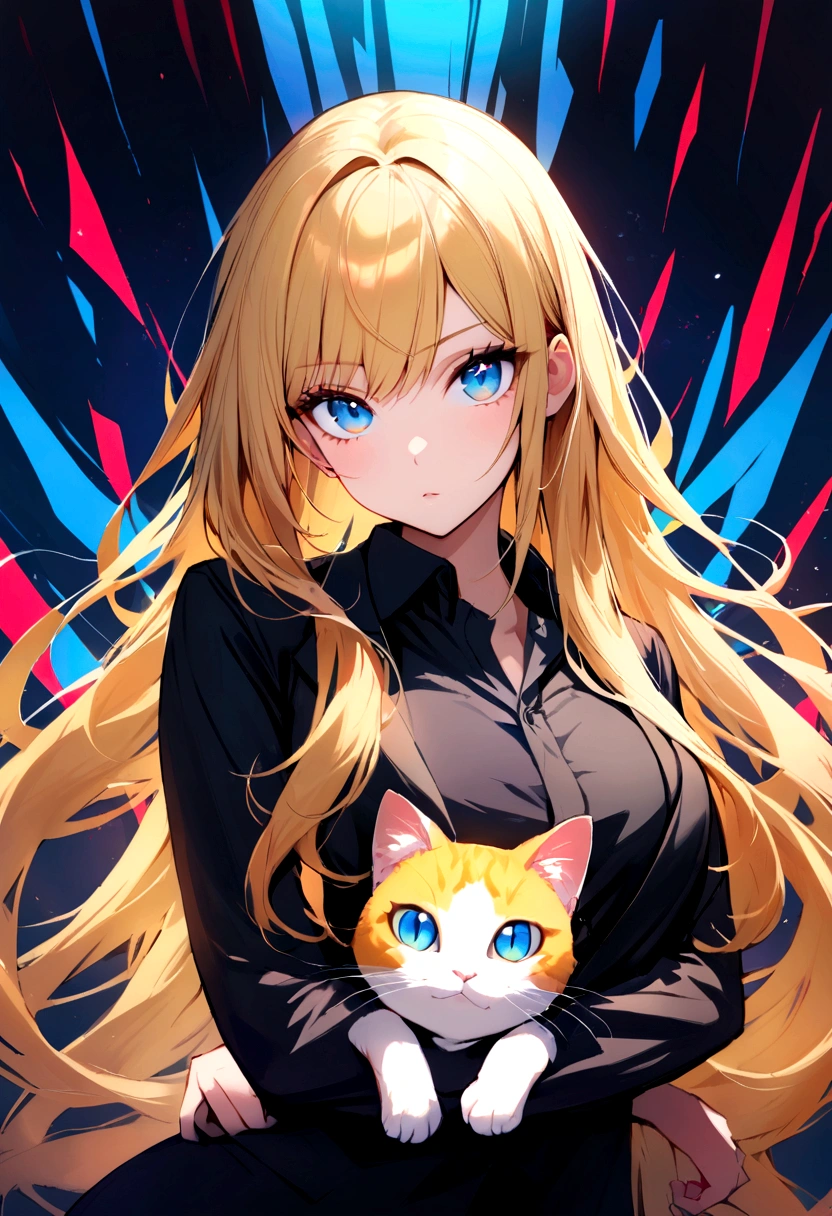(Highest quality)(1 woman,single,long hair,golden hair,blue eyes ,Black suit shirt,Turn to look at the viewer,with guardian cat)