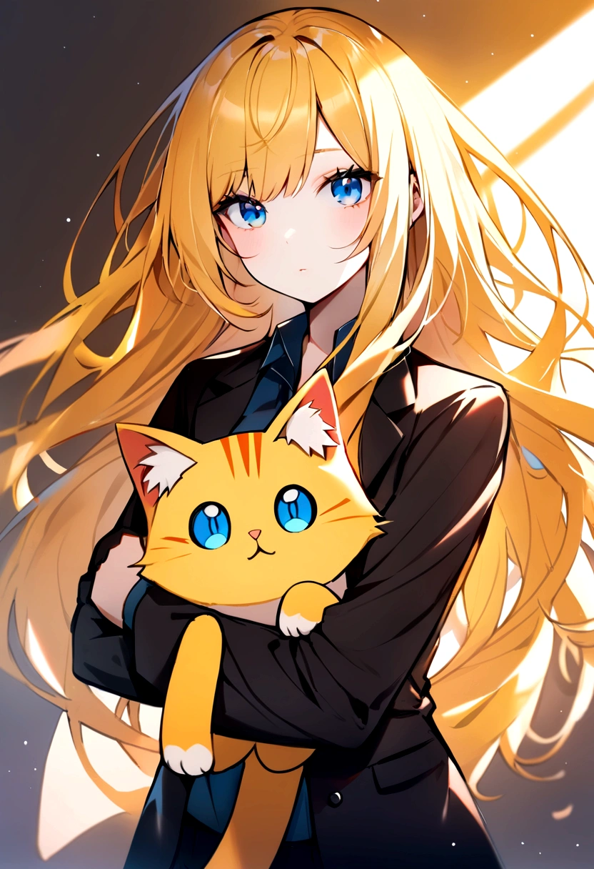 (Highest quality)(1 woman,single,long hair,golden hair,blue eyes ,Black suit shirt,Turn to look at the viewer,with guardian cat)