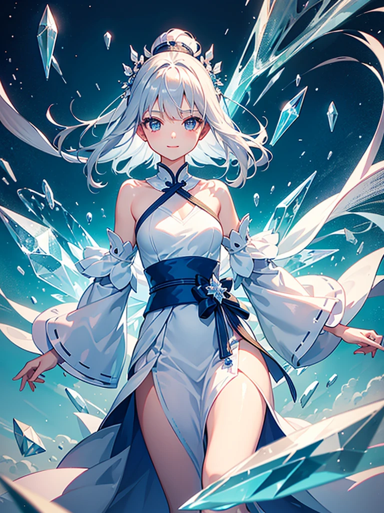 A quiet and cool place,Full of dreamy atmosphere,Everything is made of crystal,只有一個girl是活的,She looked at the environment,A natural smile appeared on his face,
((Crystallization)),girl,solo,silver hair,Eye color,Fashionable clothing