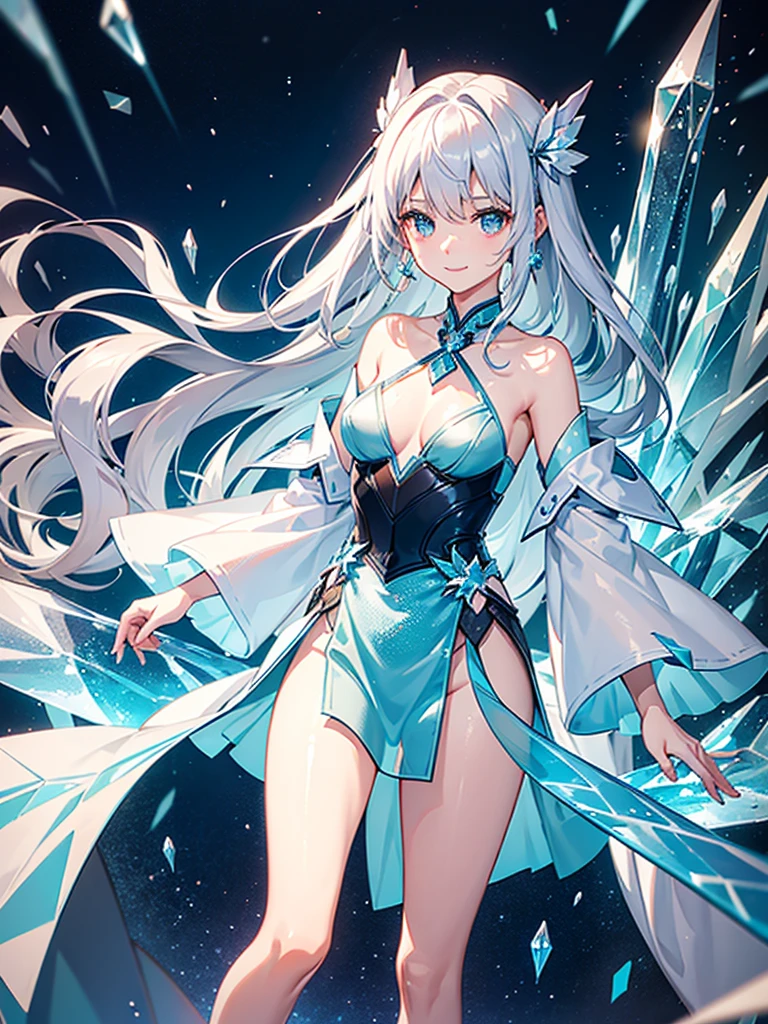 A quiet and cool place，Full of dreamy atmosphere，Everything is made of crystal，只有一個girl是活的，She looked at the environment，A natural smile appeared on his face，
((Crystallization))，girl，solo，silver hair，Eye color，Fashionable clothing